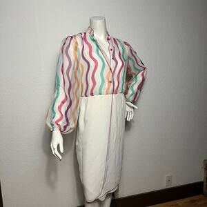 VINTAGE 80s Pat Richards Striped Chiffon Wrap Skirt Dress Sheer Rainbow Size 12